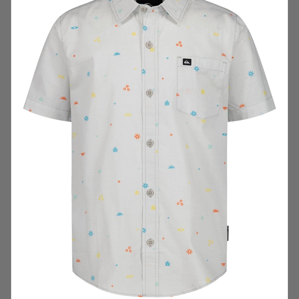 Quiksilver Boys Light Gray Short-Sleeve Button-Up Shirt Micro Chip NWT Sz. L 14